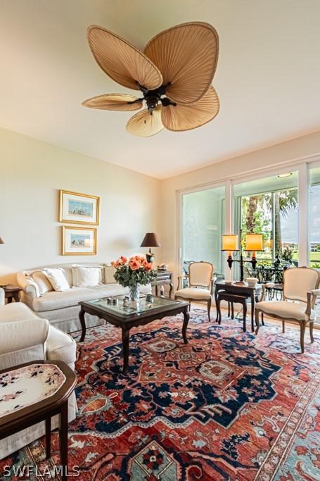 living room featuring ceiling fan