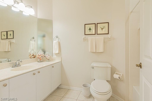 full bathroom with vanity, toilet,  shower combination, and tile patterned flooring