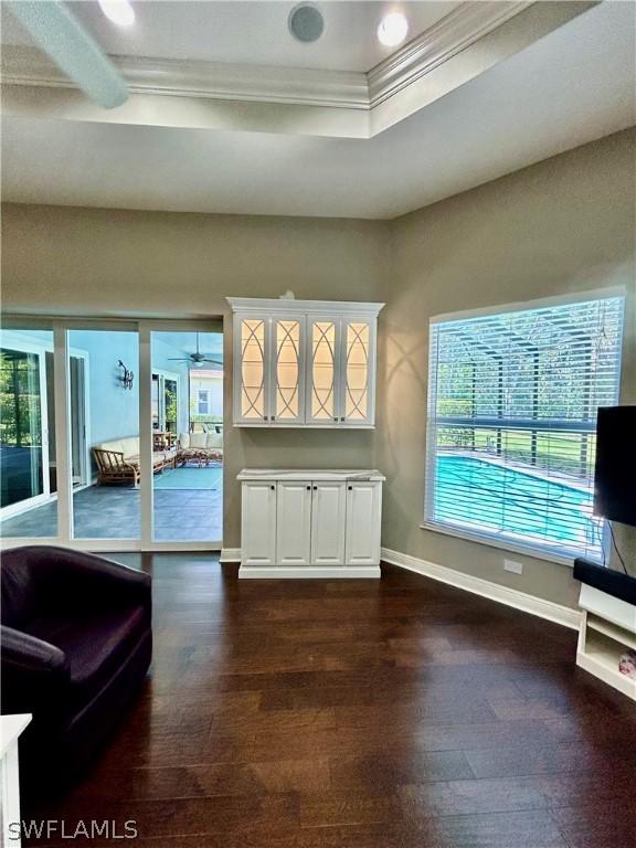 interior space featuring dark wood-style floors, a tray ceiling, crown molding, and baseboards