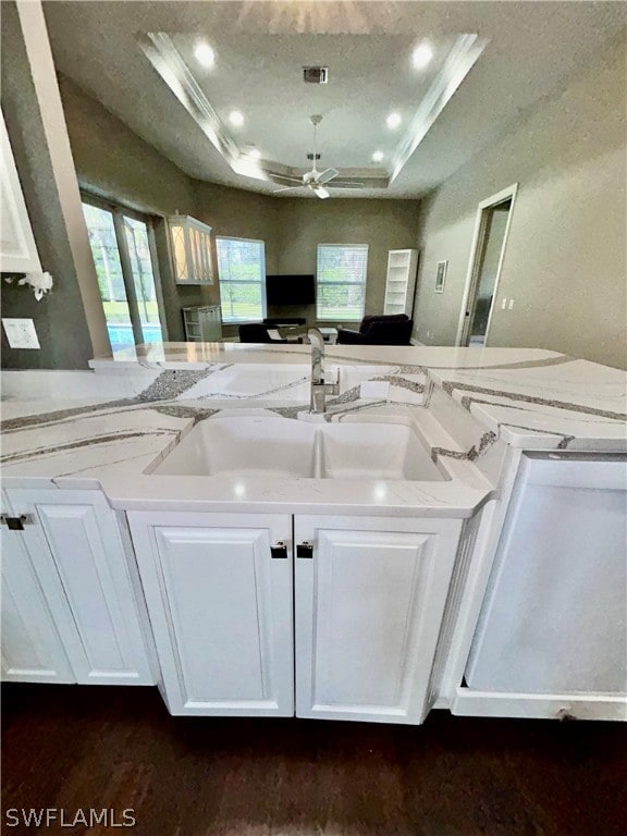 kitchen with sink, white cabinets, a tray ceiling, and ornamental molding