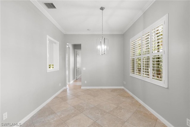 unfurnished dining area with crown molding, light tile patterned floors, and an inviting chandelier