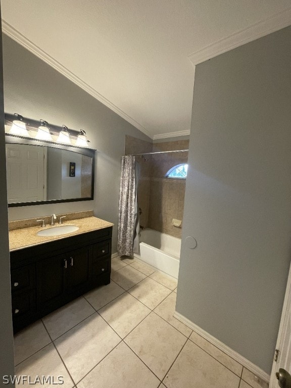 bathroom with shower / bath combo with shower curtain, tile flooring, ornamental molding, and vanity