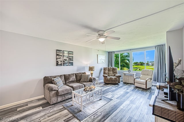 living room featuring ceiling fan and wood-type flooring