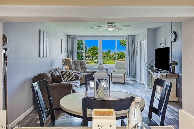 dining area featuring ceiling fan and hardwood / wood-style flooring