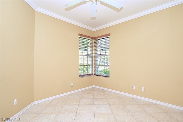 tiled spare room with crown molding and ceiling fan