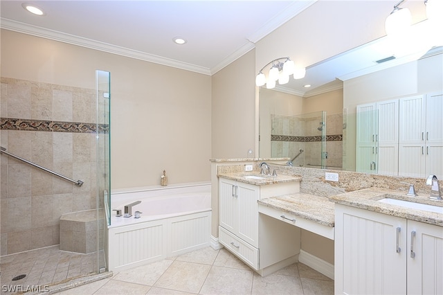 bathroom with vanity, shower with separate bathtub, ornamental molding, and tile patterned flooring