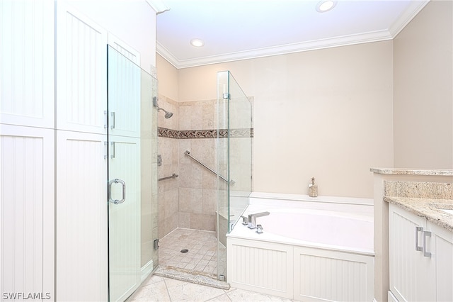 bathroom featuring independent shower and bath, vanity, tile patterned floors, and ornamental molding