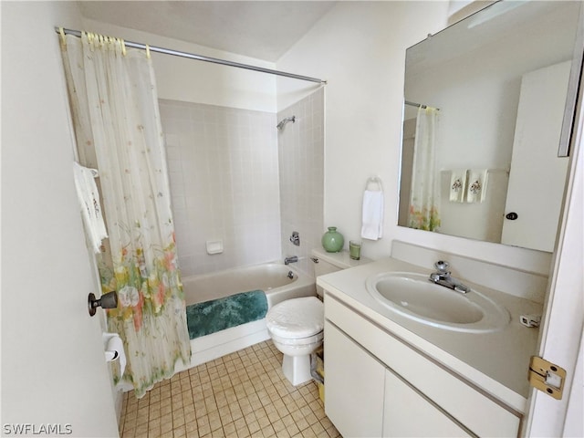 full bathroom with toilet, shower / bath combo with shower curtain, vanity, and tile flooring