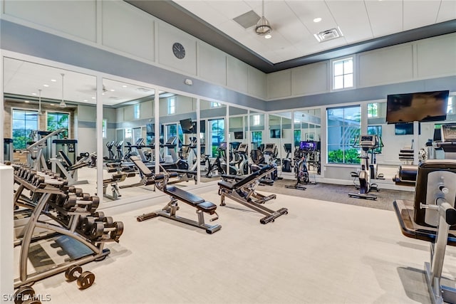 exercise room with carpet flooring and a high ceiling