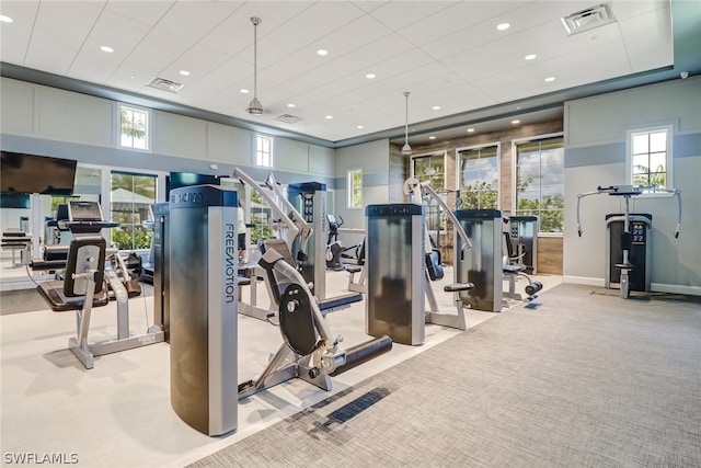 exercise room featuring light colored carpet