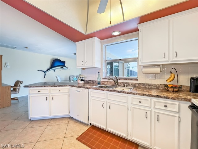 kitchen featuring white cabinets, ceiling fan, white dishwasher, and sink