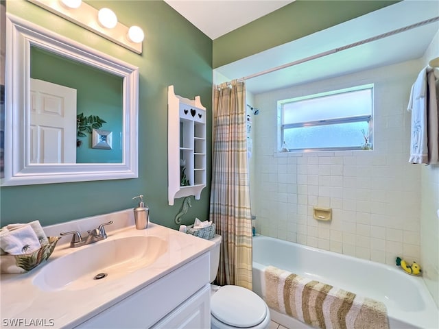 full bathroom with shower / bathtub combination with curtain, toilet, and large vanity