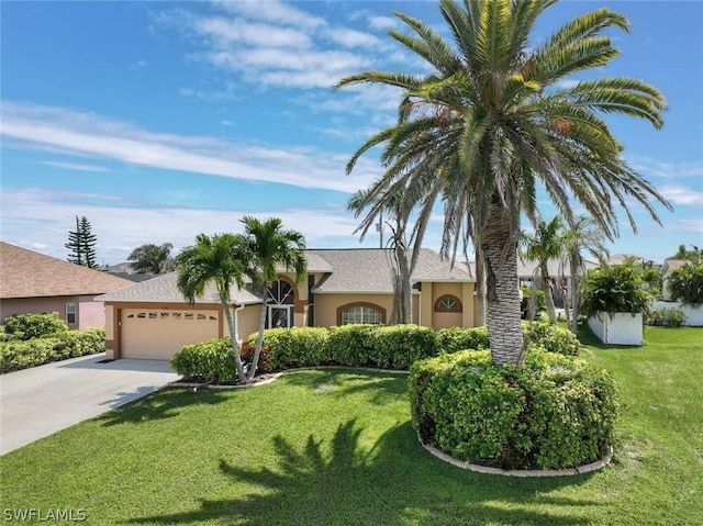 ranch-style house featuring a garage and a front lawn