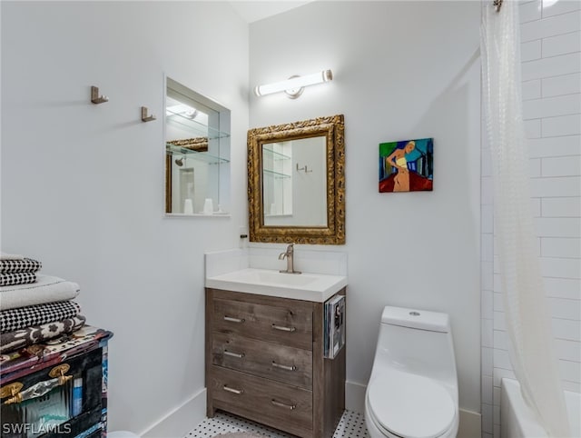 full bathroom with toilet, shower / tub combo, tile floors, and vanity