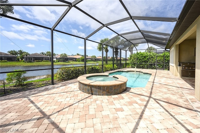 view of swimming pool featuring an in ground hot tub, glass enclosure, a patio, area for grilling, and a water view