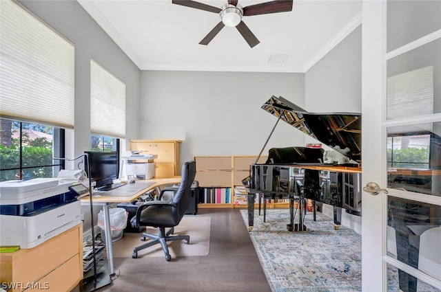 office featuring dark wood-type flooring, ceiling fan, and ornamental molding