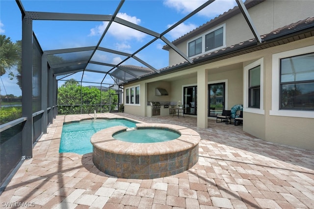 view of swimming pool with an in ground hot tub, glass enclosure, a grill, and a patio area