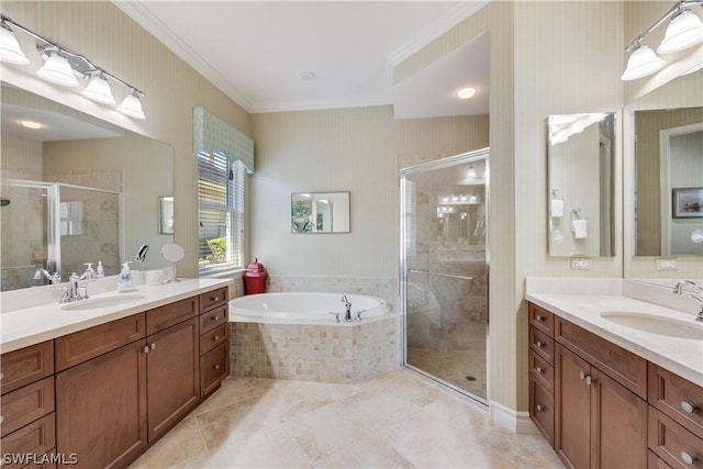 bathroom with vanity, ornamental molding, and plus walk in shower