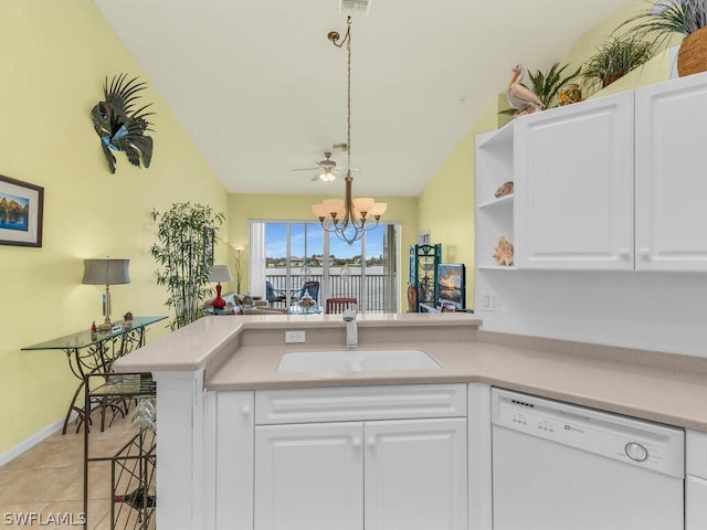 kitchen featuring white cabinetry, sink, light tile floors, dishwasher, and pendant lighting