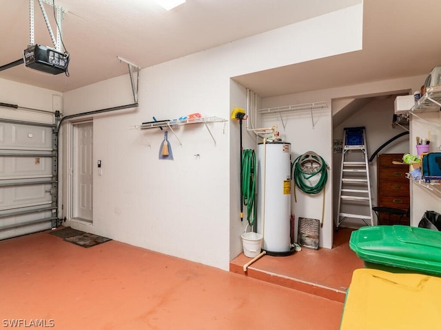 garage featuring a garage door opener and water heater