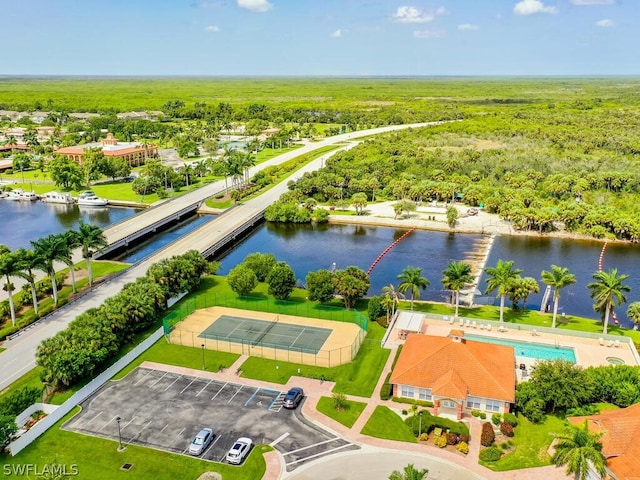 bird's eye view with a water view