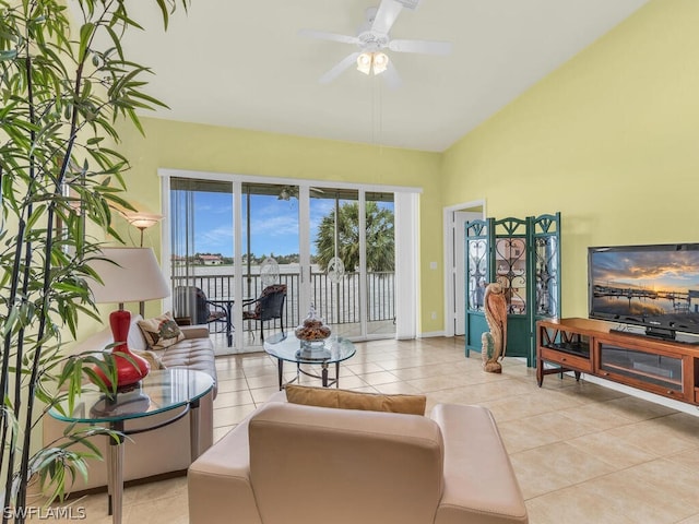 tiled living room with vaulted ceiling and ceiling fan