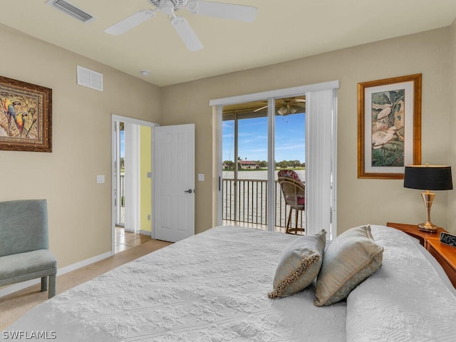 bedroom with ceiling fan, access to outside, and light colored carpet