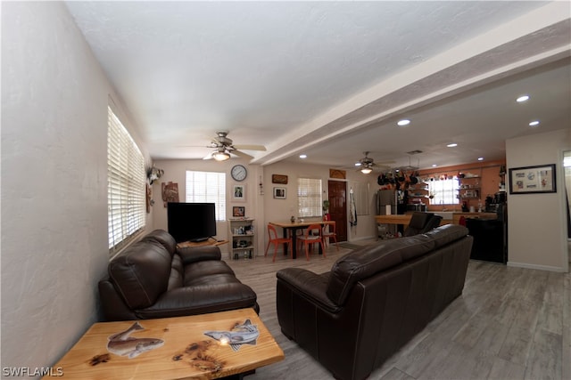 living room featuring plenty of natural light, ceiling fan, and wood-type flooring