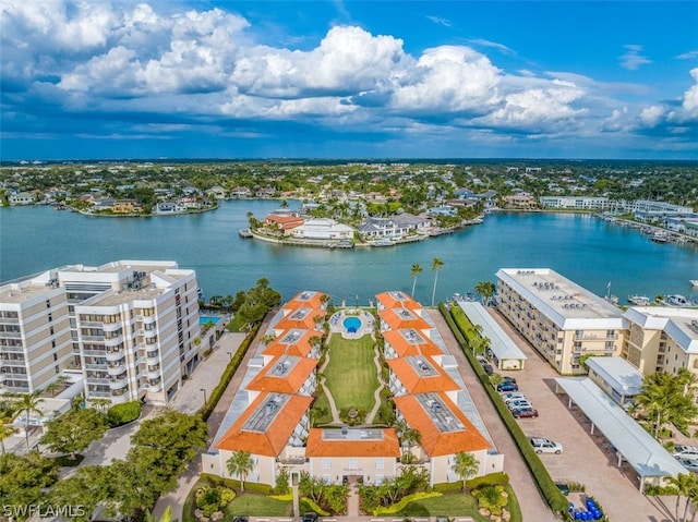 drone / aerial view featuring a water view