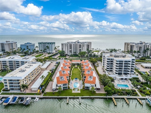 aerial view featuring a water view