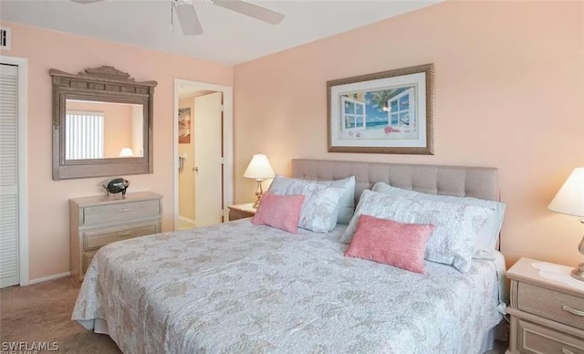 carpeted bedroom featuring ceiling fan