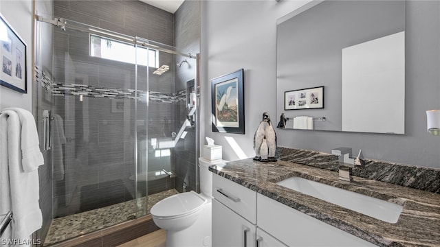 bathroom featuring vanity, toilet, and walk in shower