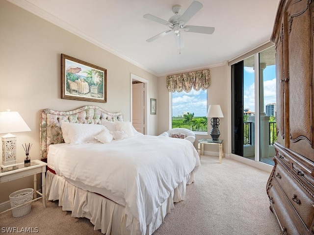 bedroom with access to exterior, ceiling fan, crown molding, and light colored carpet