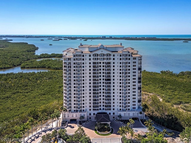 drone / aerial view with a water view