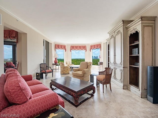 living room featuring crown molding