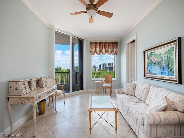 tiled living room featuring expansive windows, ceiling fan, and crown molding