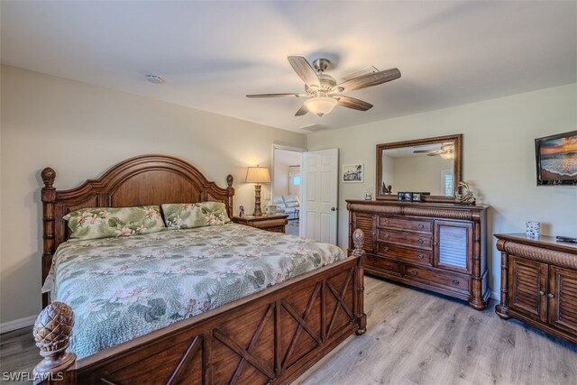 bedroom featuring ceiling fan and light hardwood / wood-style flooring