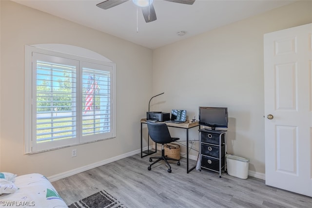 office featuring ceiling fan and light wood-type flooring