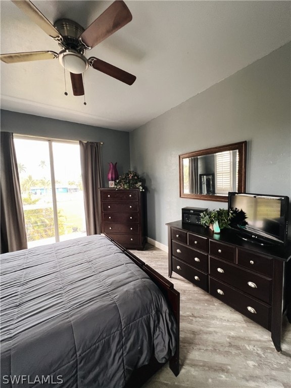 bedroom featuring light hardwood / wood-style flooring and ceiling fan