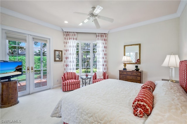 bedroom with access to exterior, ceiling fan, french doors, crown molding, and carpet