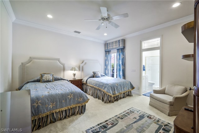 bedroom with ensuite bath, ceiling fan, light carpet, and ornamental molding