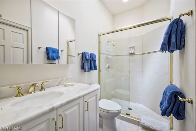 bathroom with tile patterned floors, vanity, toilet, and walk in shower