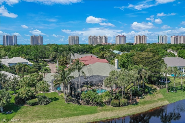 birds eye view of property featuring a water view