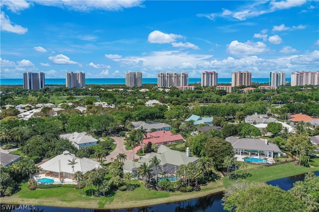 aerial view featuring a water view