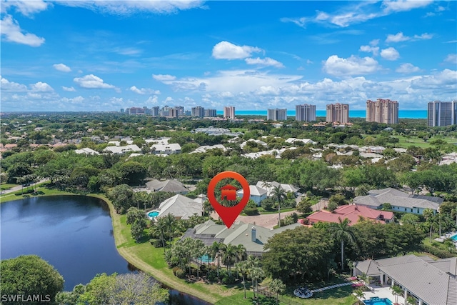 drone / aerial view featuring a water view