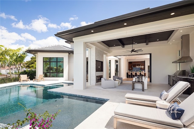 view of pool with a fenced in pool, a patio, area for grilling, fence, and an outdoor living space