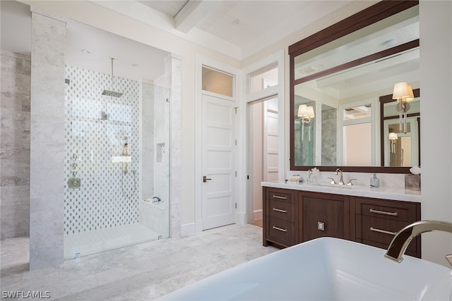 bathroom with a stall shower, beamed ceiling, and vanity