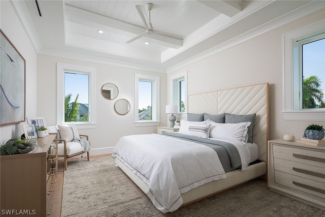 bedroom featuring baseboards, a ceiling fan, crown molding, beam ceiling, and recessed lighting