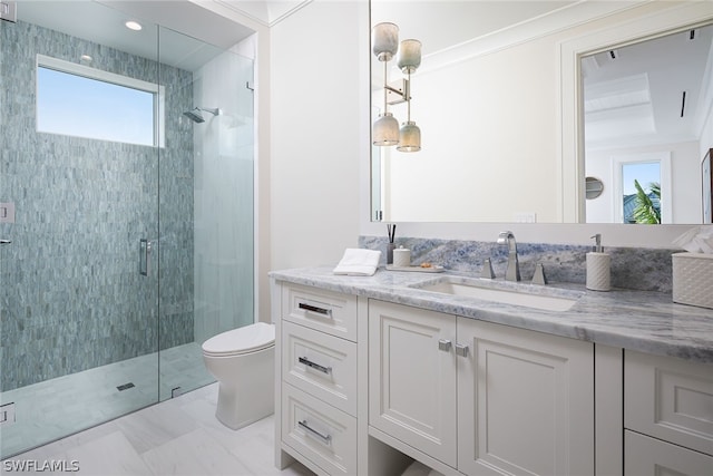 bathroom with toilet, marble finish floor, a shower stall, and vanity