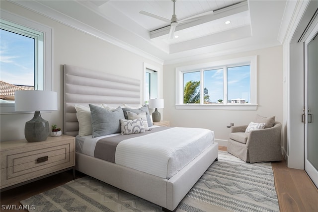 bedroom featuring ceiling fan, recessed lighting, wood finished floors, beamed ceiling, and crown molding